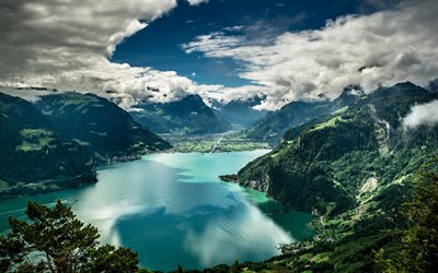 lago de monta&#241;a, vista desde las alturas de lagos glaciares, paisajes de monta&#241;a, Alpes, Suiza