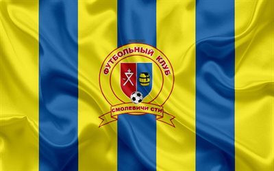 FC Smolevichi, 4k, textura de seda, logo, De Belarusian futebol clube, amarelo de seda azul da bandeira, tecido de arte, De Belarusian Premier League, Smolevichi, Bielorr&#250;ssia, futebol, arte criativa