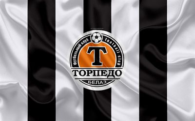 FC Torpedo-BelAZ Zhodino, 4k, seta, trama, logo, Bielorusso di calcio per club, il bianco di seta nera, bandiera, tessuto, della bielorussia Premier League, Zhodino, Bielorussia, calcio, arte creativa