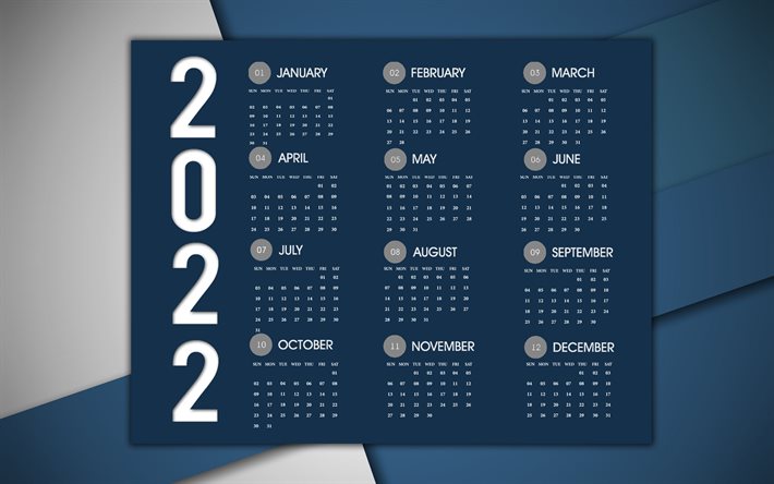 Calendario 2020, sfondo blu, calendario blu 2020, sfondo elegante, concetti 2020, arte creativa, calendario 2020 tutti i mesi