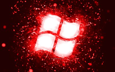 Windowsの赤いロゴ, 4k, 赤いネオンライト, creative クリエイティブ, 赤い抽象的な背景, Windowsロゴ, OS, Windows