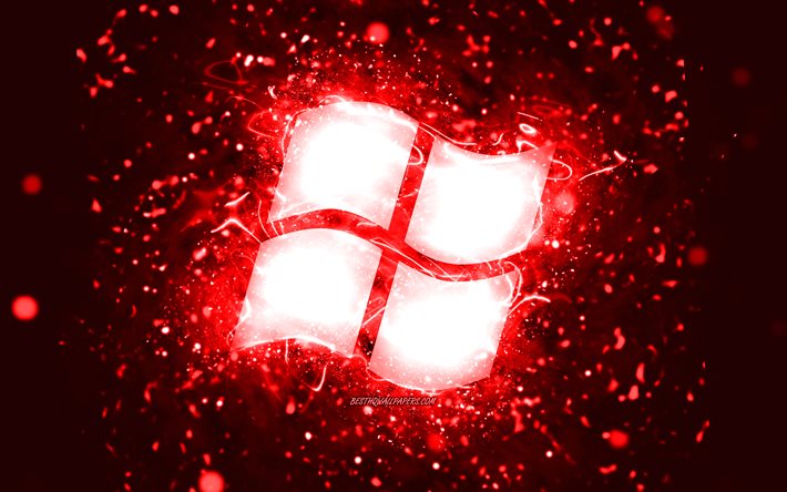Windows kırmızı logosu, 4k, kırmızı neon ışıkları, yaratıcı, kırmızı soyut arka plan, Windows logosu, işletim sistemi, Windows