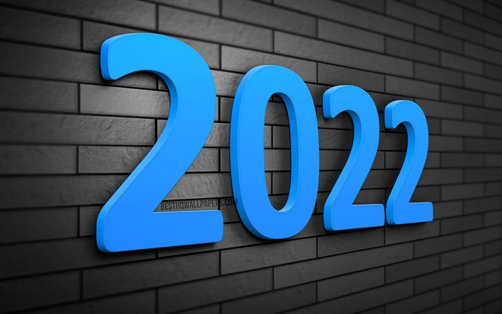 2022 siniset 3D -numerot, 4k, harmaa tiilisein&#228;, 2022 liiketoimintakonseptit, 2022 uusi vuosi, hyv&#228;&#228; uutta vuotta 2022, luova, 2022 harmaalla pohjalla, 2022 k&#228;sitteet, 2022 vuoden numerot