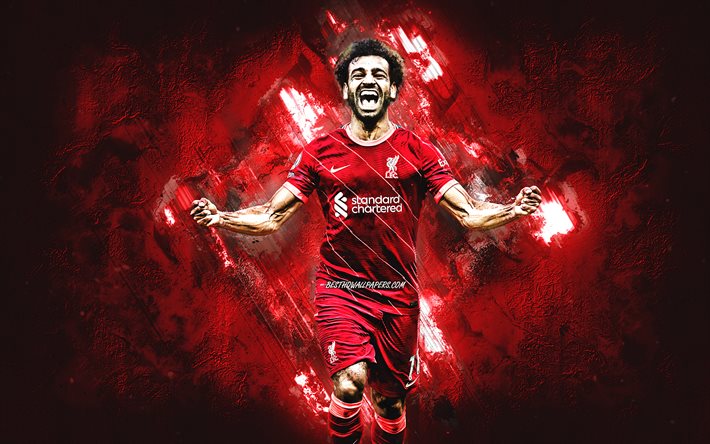Mohamed Salah, Liverpool FC, fondo de piedra roja, f&#250;tbol, arte Salah, arte grunge, Premier League, Inglaterra