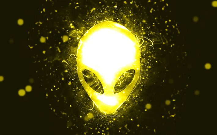 Logo jaune Alienware, 4k, néons jaunes, créatif, fond abstrait jaune, logo Alienware, marques, Alienware