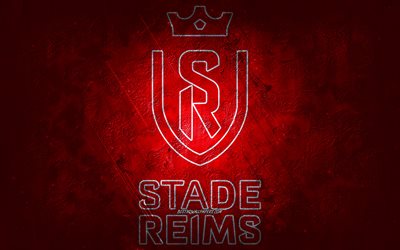 Stade de Reims, French football team, red background, Stade de Reims logo, grunge art, Ligue 1, France, football, Stade de Reims emblem