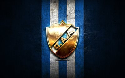 Alvarado FC, golden logo, Primera Nacional, blue metal background, football, argentinian football club, Alvarado logo, soccer, CA Alvarado, Argentina, Club Atletico Alvarado