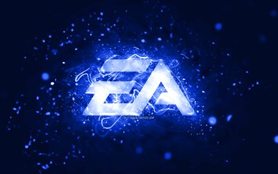 Logotipo da EA GAMES azul escuro, 4k, Electronic Arts, luzes de n&#233;on azul escuro, criativo, fundo abstrato azul escuro, logotipo da EA GAMES, jogos online, EA GAMES