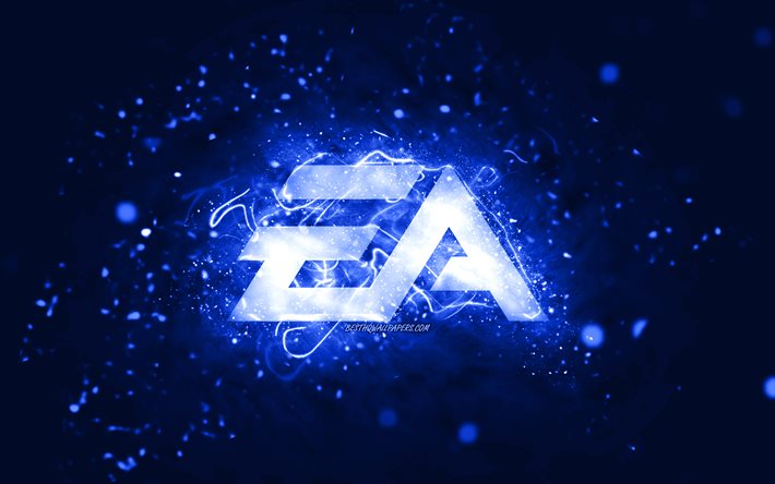 EA GAMES logo blu scuro, 4k, Electronic Arts, luci al neon blu scuro, creativo, sfondo astratto blu scuro, logo EA GAMES, giochi online, EA GAMES