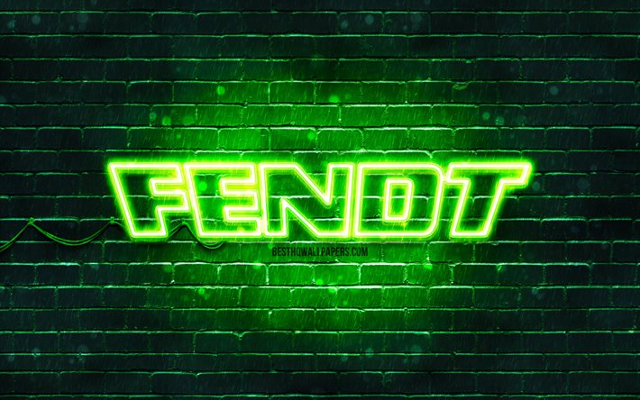Logo vert Fendt, 4k, mur de briques vert, logo Fendt, marques, logo n&#233;on Fendt, Fendt