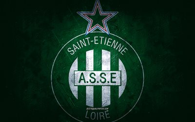 AS Saint-Etienne, squadra di calcio francese, sfondo verde, AS Saint-Etienne logo, grunge, Ligue 1, Francia, calcio, AS Saint-Etienne emblema