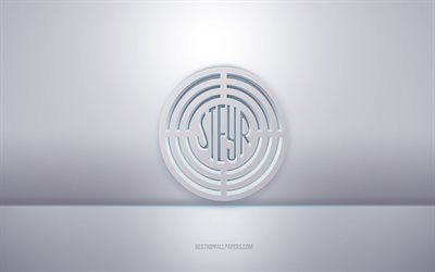شعار Steyr 3D الأبيض, خلفية رمادية, شعار شتاير, الفن الإبداعي 3D, شتاير, 3d شعار