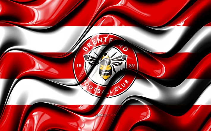 Bandeira do Brentford FC, 4k, ondas 3D vermelhas e brancas, Premier League, clube de futebol ingl&#234;s, futebol, logotipo do Brentford FC, Brentford FC