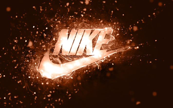 Nike ruskea logo, 4k, ruskeat neonvalot, luova, ruskea abstrakti tausta, Nike -logo, muotimerkit, Nike