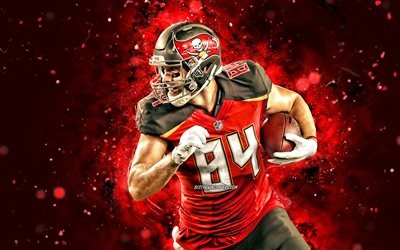 Cameron Brate, 4k, tight end, Tampa Bay Buccaneers, american football, NFL, red neon lights, Cameron Brate Tampa Bay Buccaneers, Cameron Brate 4K