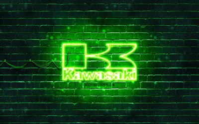 Logo vert Kawasaki, 4k, mur de briques vert, logo Kawasaki, marques de motos, logo n&#233;on Kawasaki, Kawasaki