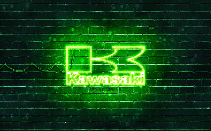 Logo verde Kawasaki, 4k, muro di mattoni verde, logo Kawasaki, marchi motociclistici, logo neon Kawasaki, Kawasaki