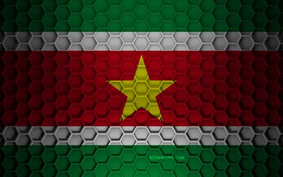 Suriname flag, 3d hexagons texture, Suriname, 3d texture, Suriname 3d flag, metal texture, flag of Suriname