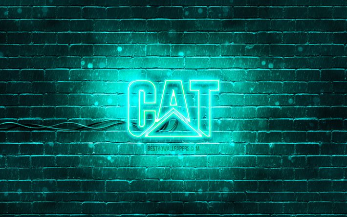 Logo Caterpillar turquoise, 4k, CAT, mur de briques turquoise, logo Caterpillar, marques, logo n&#233;on Caterpillar, Caterpillar, logo CAT