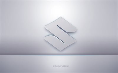شعار سوزوكي 3D أبيض, خلفية رمادية, شعار سوزوكي, الفن الإبداعي 3D, سوزوكي, 3d شعار