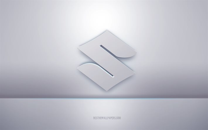 Logotipo branco 3D da Suzuki, fundo cinza, logotipo da Suzuki, arte criativa em 3D, Suzuki, emblema em 3D