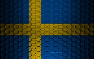 Sweden flag, 3d hexagons texture, Sweden, 3d texture, Sweden 3d flag, metal texture, flag of Sweden