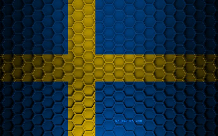 Drapeau de la Su&#232;de, texture des hexagones 3d, Su&#232;de, texture 3d, drapeau de la Su&#232;de 3d, texture m&#233;tallique, drapeau de la Su&#232;de