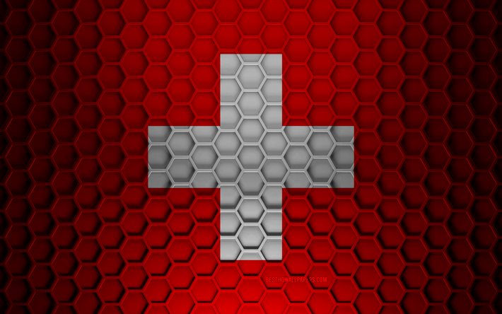 Switzerland flag, 3d hexagons texture, Switzerland, 3d texture, Switzerland 3d flag, metal texture, flag of Switzerland