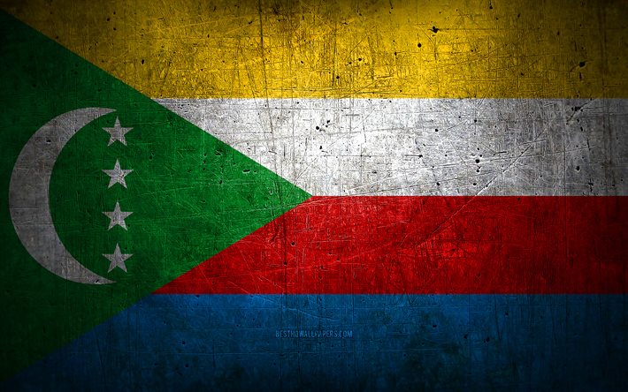 Komorernas metallflagga, grungekonst, afrikanska l&#228;nder, Komorernas dag, nationella symboler, Komorernas flagga, metallflaggor, Afrika, Komorerna