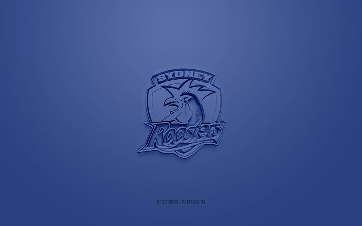 sydney roosters, kreatives 3d-logo, blauer hintergrund, national rugby league, 3d-emblem, nrl, australische rugby-liga, sydney, australien, 3d-kunst, rugby, sydney roosters 3d-logo
