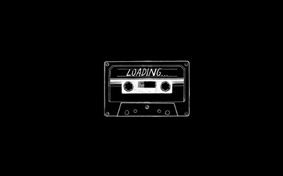 concept de chargement, 4k, cassette audio, créatif, arrière-plans noirs, minimalisme de la cassette, chargement de la musique