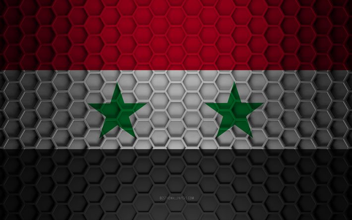 Drapeau de la Syrie, texture des hexagones 3d, Syrie, texture 3d, drapeau de la Syrie 3d, texture en m&#233;tal, drapeau de la Syrie