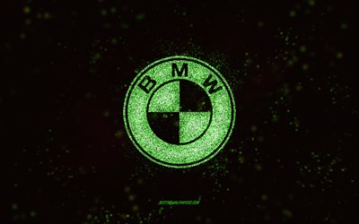 BMW glitter logo, 4k, black background, BMW logo, green glitter art, BMW, creative art, BMW green glitter logo