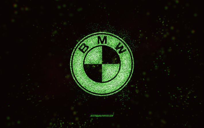 bmw glitzer logo, 4k, schwarzer hintergrund, bmw logo, gr&#252;ne glitzerkunst, bmw, kreative kunst, bmw gr&#252;nes glitzerlogo