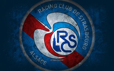 RC Strasbourg Alsace, ranskalainen jalkapallojoukkue, sininen tausta, RC Strasbourg Alsace -logo, grunge art, Ligue 1, Ranska, jalkapallo, RC Strasbourg Alsace -tunnus