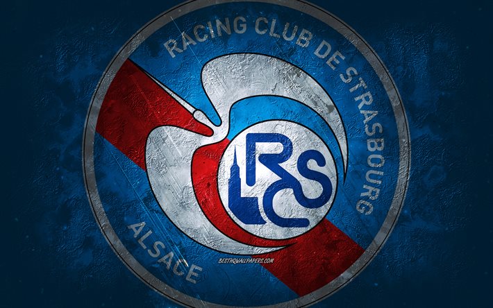 RC Strasbourg Alsace, &#233;quipe de France de football, fond bleu, logo RC Strasbourg Alsace, art grunge, Ligue 1, France, football, embl&#232;me RC Strasbourg Alsace