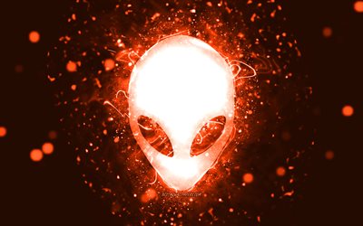 Alienware orange logo, 4k, orange neon lights, creative, orange abstract background, Alienware logo, brands, Alienware
