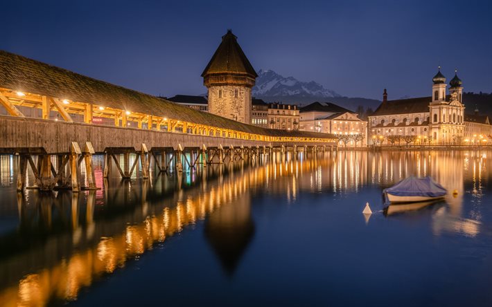 Chiesa dei Gesuiti, Lucerna, sera, tramonto, fiume Reuss, Wasserturm, Kapellbrucke, paesaggio urbano di Lucerna, Landmark, Svizzera