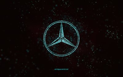 Mercedes-Benz glitter logo, 4k, black background, Mercedes-Benz logo, light blue glitter art, Mercedes-Benz, creative art, Mercedes-Benz light blueglitter logo, Mercedes logo