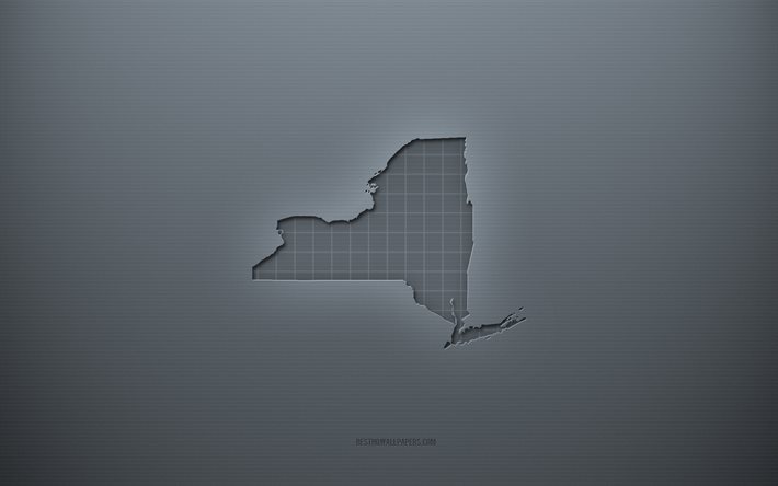خريطة نيويورك, الخلفية الرمادية الإبداعية, نيويورك, الولايات المتحدة الأمريكية, نسيج ورقة رمادية, الولايات الأمريكية, نيويورك صورة ظلية الخريطة, خلفية رمادية, نيويورك خريطة 3d