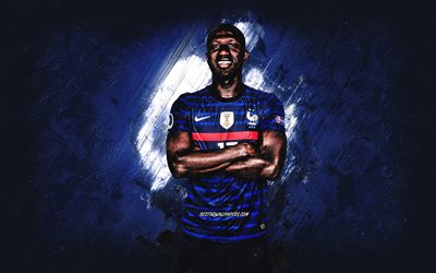 Moussa Sissoko, squadra nazionale di calcio francese, calciatore francese, sfondo pietra blu, Francia, calcio, arte grunge