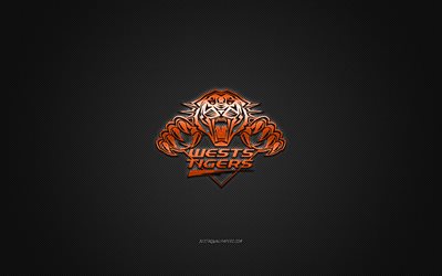 Wests Tigers, Australian rugby club, NRL, orange logo, green carbon fiber background, National Rugby League, rugby, Sydney, Australia, Wests Tigers logo