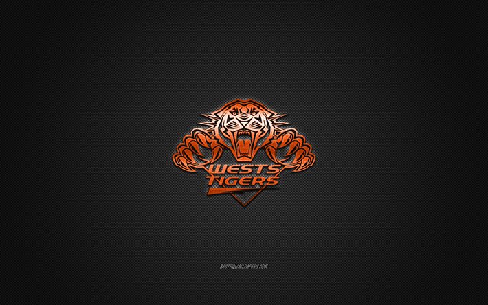 Wests Tigers, Australian rugby club, NRL, orange logo, green carbon fiber background, National Rugby League, rugby, Sydney, Australia, Wests Tigers logo