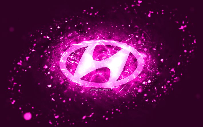 Hyundai purple logo, 4k, purple neon lights, creative, purple abstract background, Hyundai logo, cars brands, Hyundai