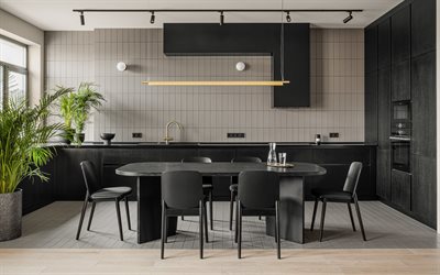 design elegante della cucina, interni moderni, cucina, mobili neri in cucina, progetto di cucina, sala da pranzo, interni eleganti, idea di cucina
