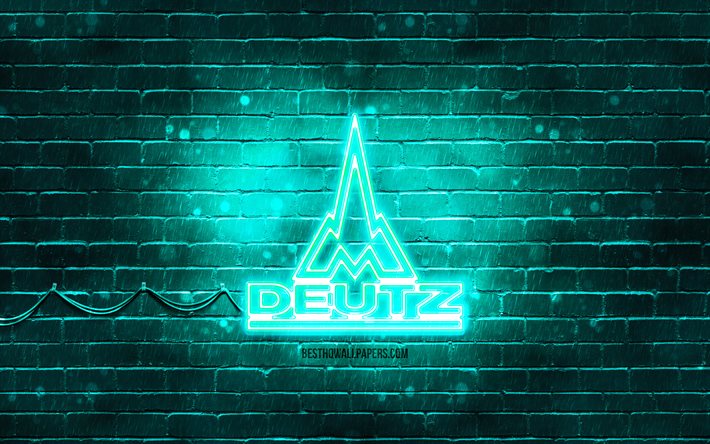 Logo turquoise Deutz-Fahr, 4k, mur de briques turquoise, logo Deutz-Fahr, marques, logo n&#233;on Deutz-Fahr, Deutz-Fahr