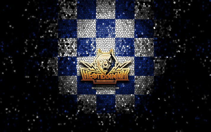 Neftekhimik Nizhnekamsk, glitter logo, KHL, blue white checkered background, hockey, Kontinental Hockey League, Neftekhimik Nizhnekamsk logo, mosaic art, russian hockey team, HC Neftekhimik Nizhnekamsk