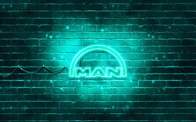 Logo MAN turquoise, 4k, mur de briques turquoise, logo MAN, marques, logo néon MAN, MAN