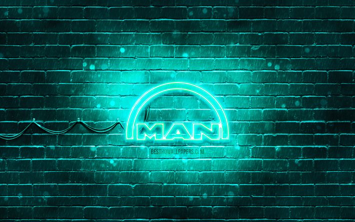 MAN logo turchese, 4k, muro di mattoni turchese, logo MAN, marchi, logo MAN neon, MAN