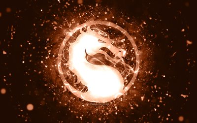 Logo Mortal Kombat marron, 4k, n&#233;ons marron, cr&#233;atif, fond abstrait marron, logo Mortal Kombat, jeux en ligne, Mortal Kombat
